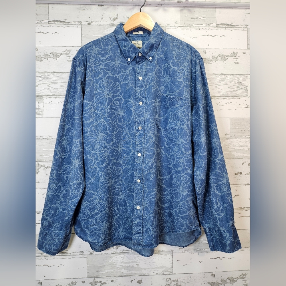 J Crew Mens Slim Linen Shirt XLarge Blue Hibiscus Print Button Down Collar